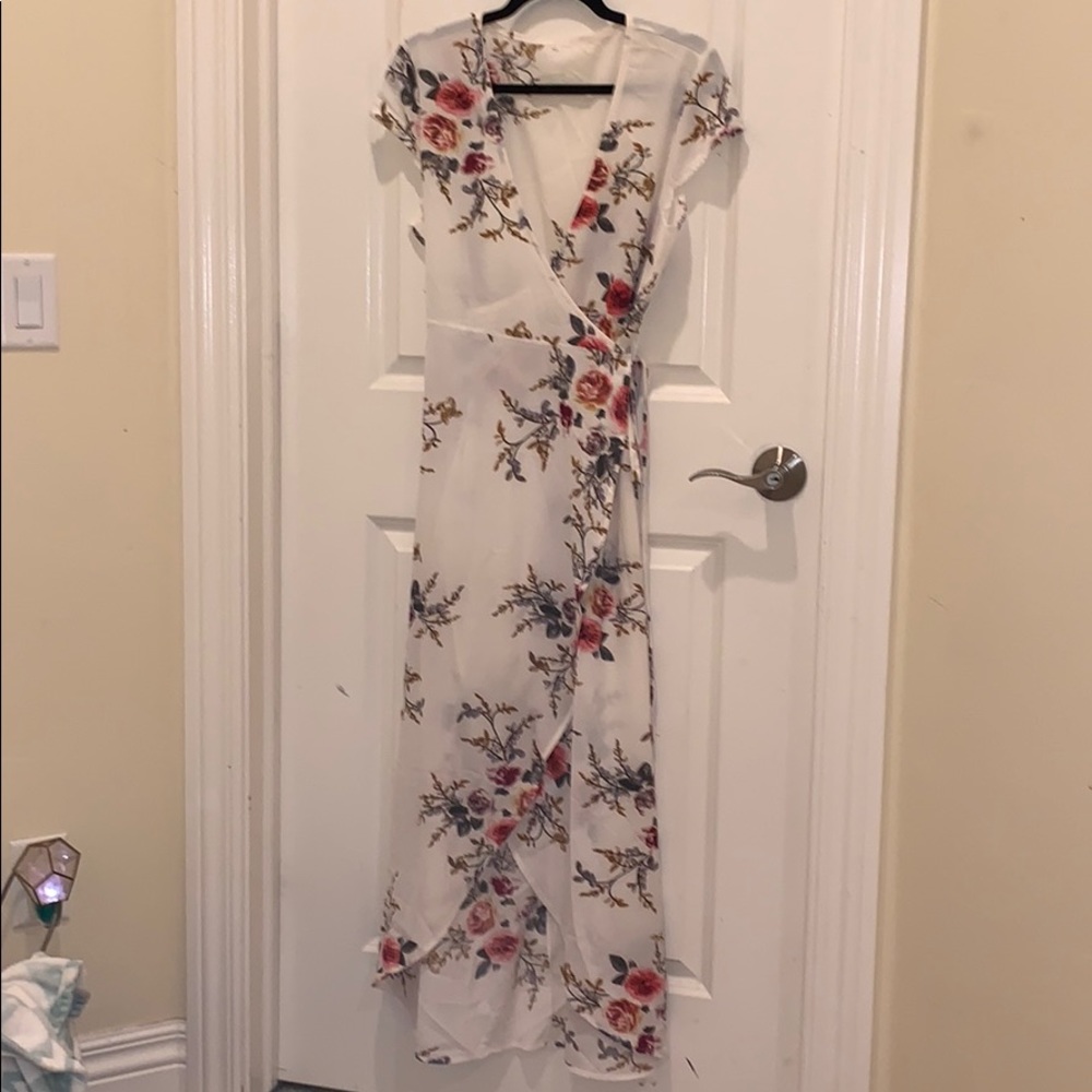 White and floral wrap dress